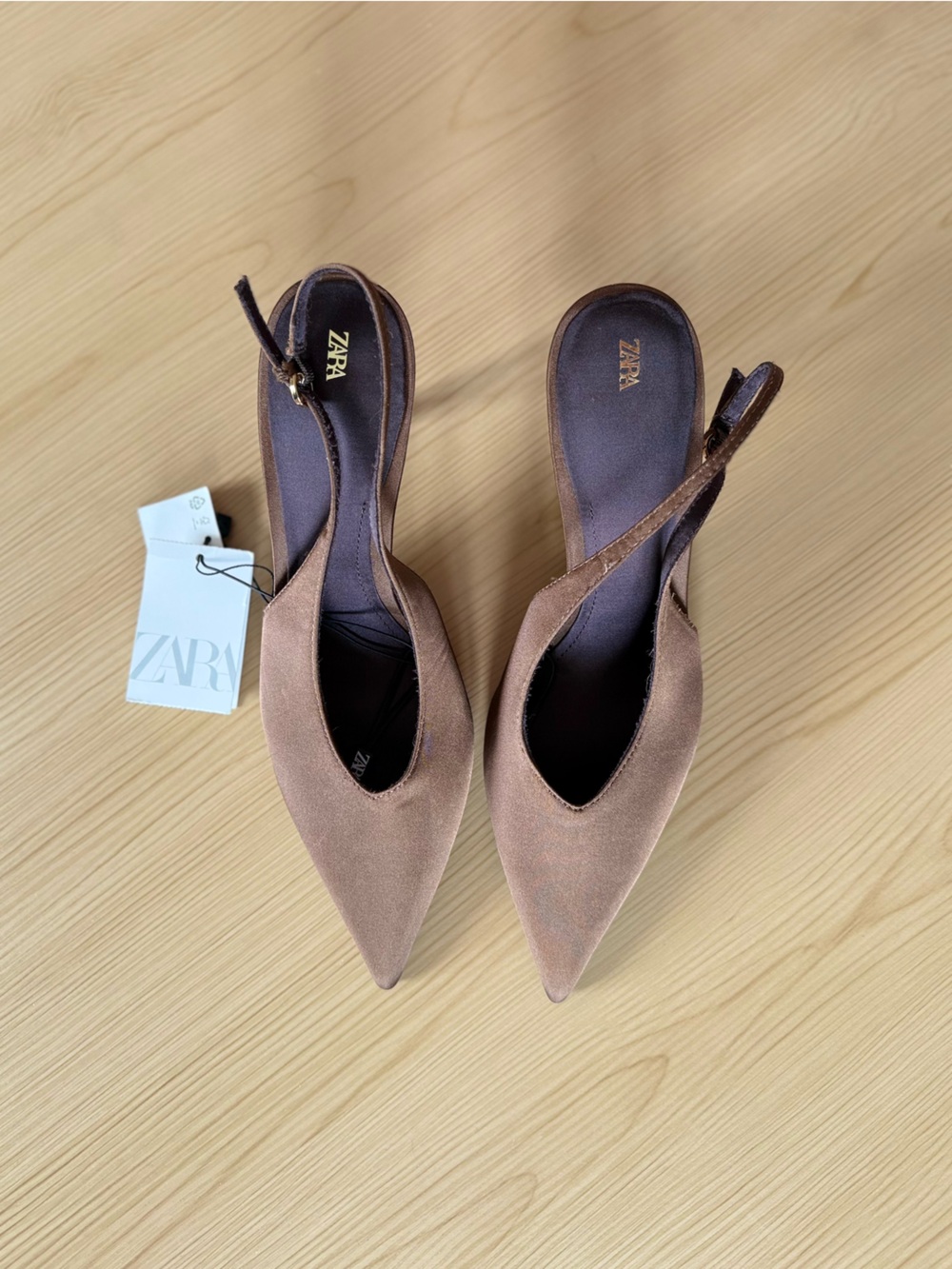 NEW Zara Pointed Toe Slingback Heels Kitten Heels Brown Size 40 (USA 9) - Picture 2 of 7